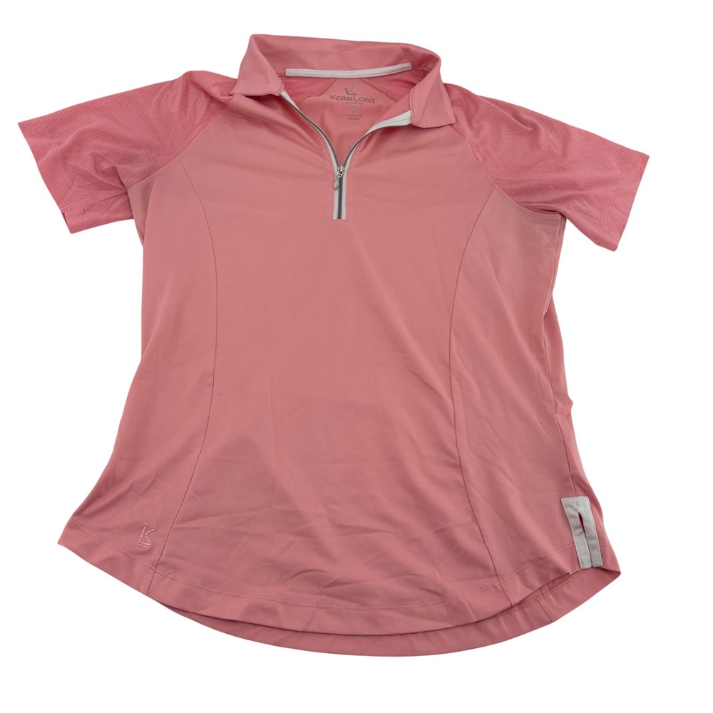 Kate Lord Womens Med Salmon Pink Quarter Zip Golf Polo Mesh Short Sleeve Shirt